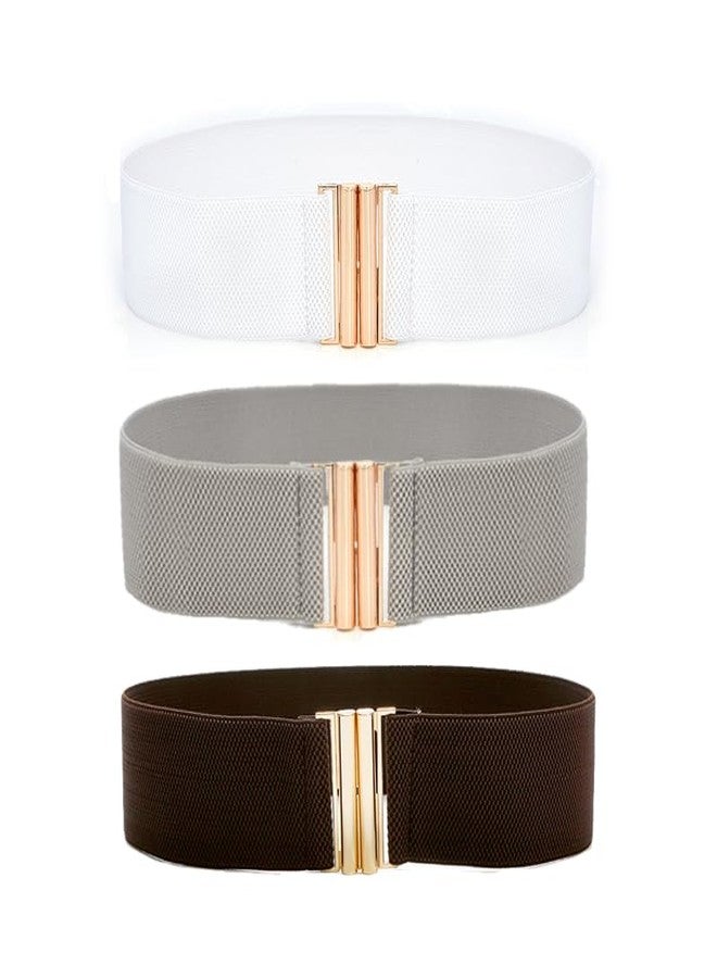 Ainiveiya 3-Pack Wide Elastic Belts for Women - Vintage Stretch Waist Belt with Golden Buckle, Adjustable Dress Waistband, Stretchy Elastic Belts for Dresses & Skirts（White Gray Coffee） - Image 1